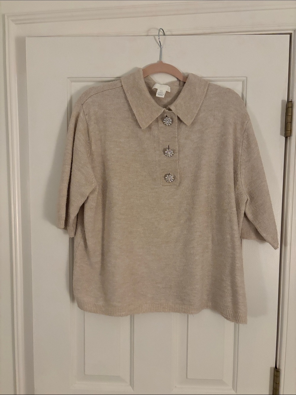 H&M Light Beige Knit Polo with Decorative Crystal Buttons